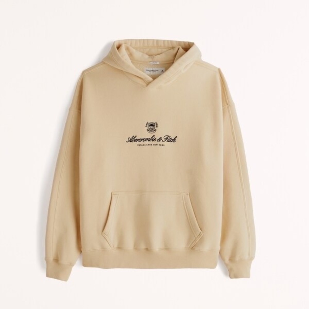 Abercrombie & Fitch Oversized Hoodie Beige Cream Logo Crest Fleece Small